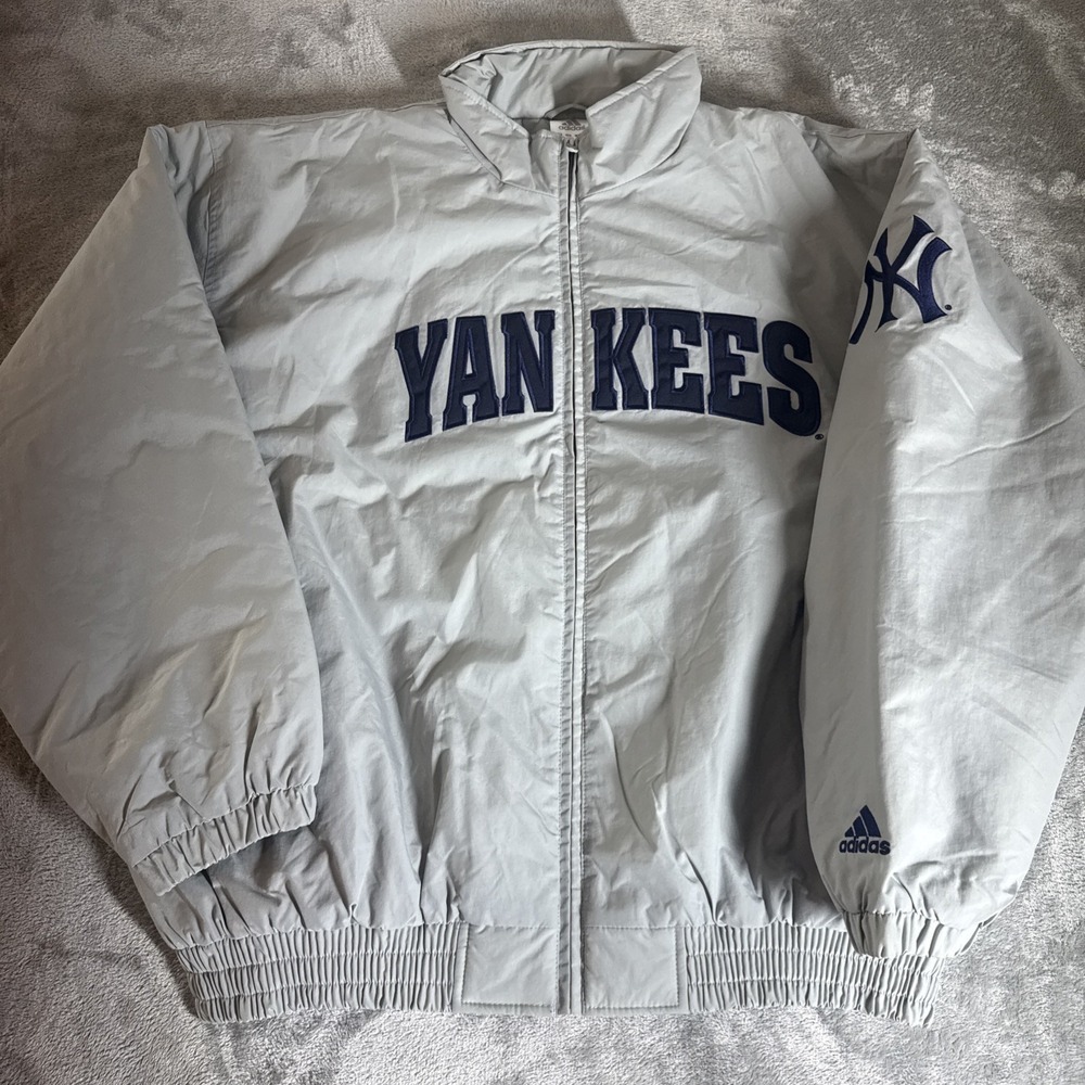 Vintage 90s Adidas Yankees Dugout Jacket XXL Gray Puffer Quilted Korea MLB